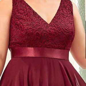 Plus Size V Neck Lace Dress  Burgundy Size 20